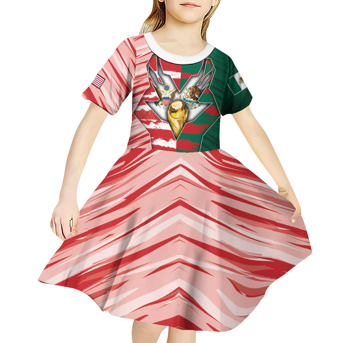 Custom USA And Mexico Football Kid Short Sleeve Dress Split Flag Golden Trophy Grunge