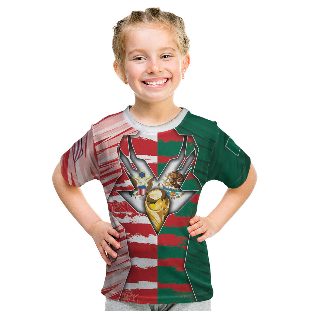 Custom USA And Mexico Football Kid T Shirt Split Flag Golden Trophy Grunge