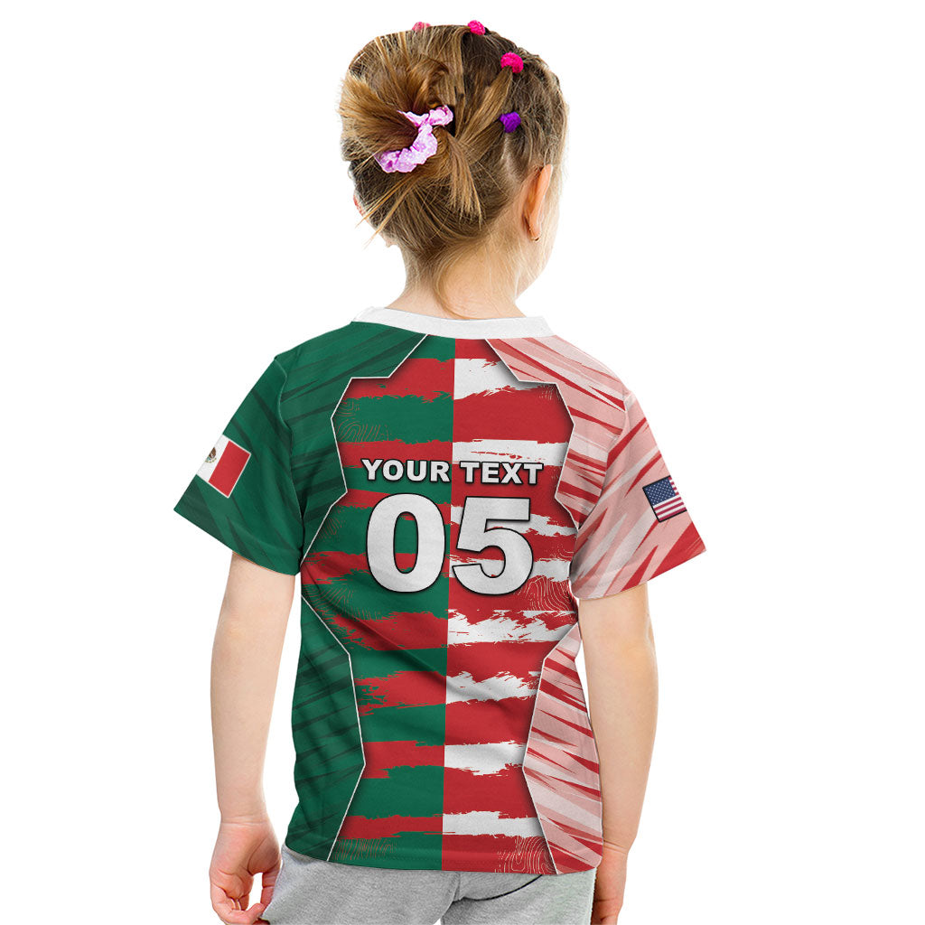 Custom USA And Mexico Football Kid T Shirt Split Flag Golden Trophy Grunge