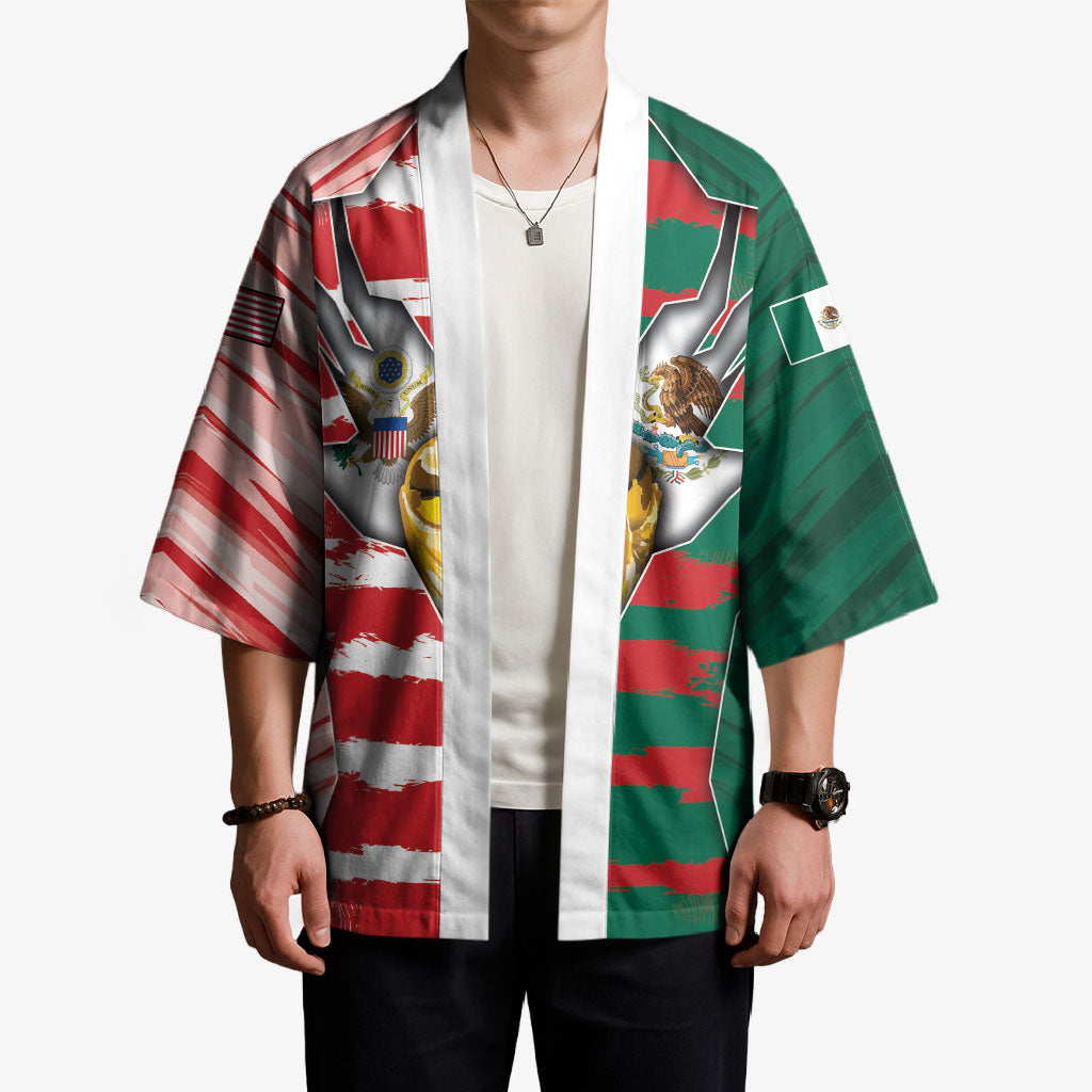 Custom USA And Mexico Football Kimono Split Flag Golden Trophy Grunge