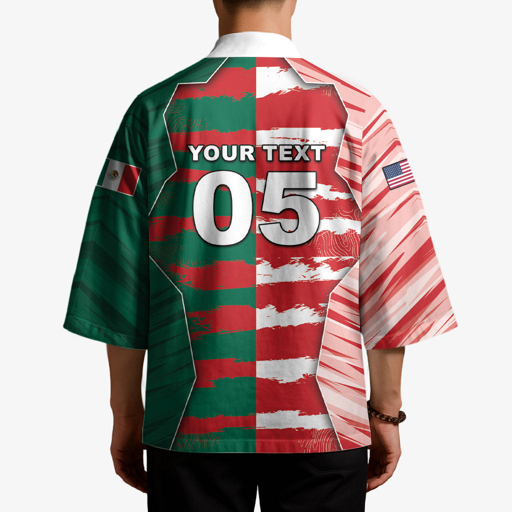 Custom USA And Mexico Football Kimono Split Flag Golden Trophy Grunge