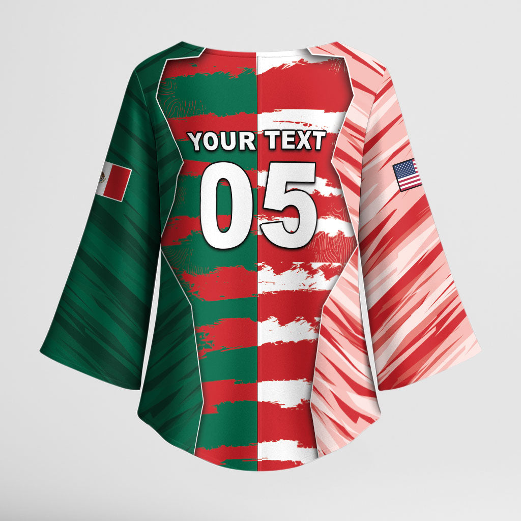 Custom USA And Mexico Football Kimono Sleeve Blouse Split Flag Golden Trophy Grunge