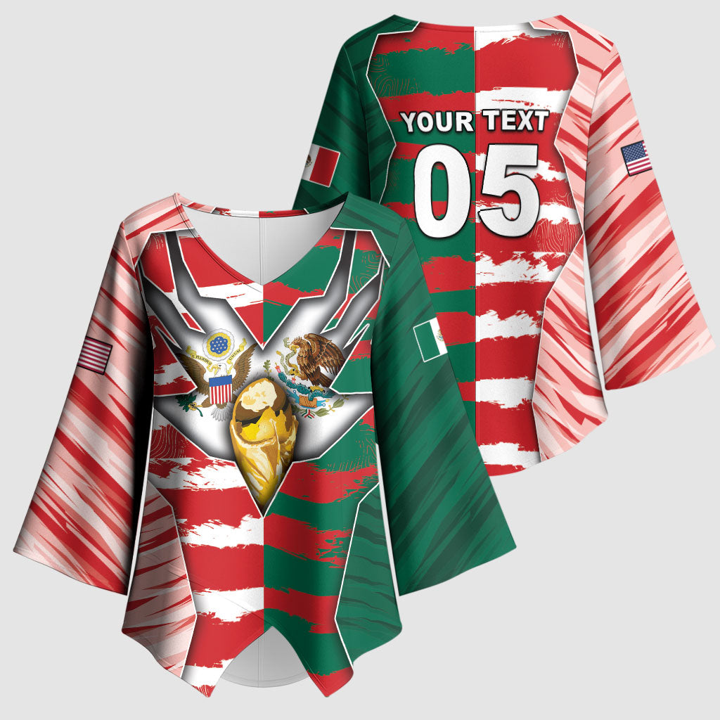 Custom USA And Mexico Football Kimono Sleeve Blouse Split Flag Golden Trophy Grunge