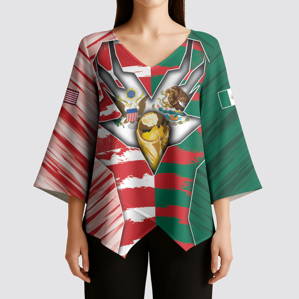 Custom USA And Mexico Football Kimono Sleeve Blouse Split Flag Golden Trophy Grunge