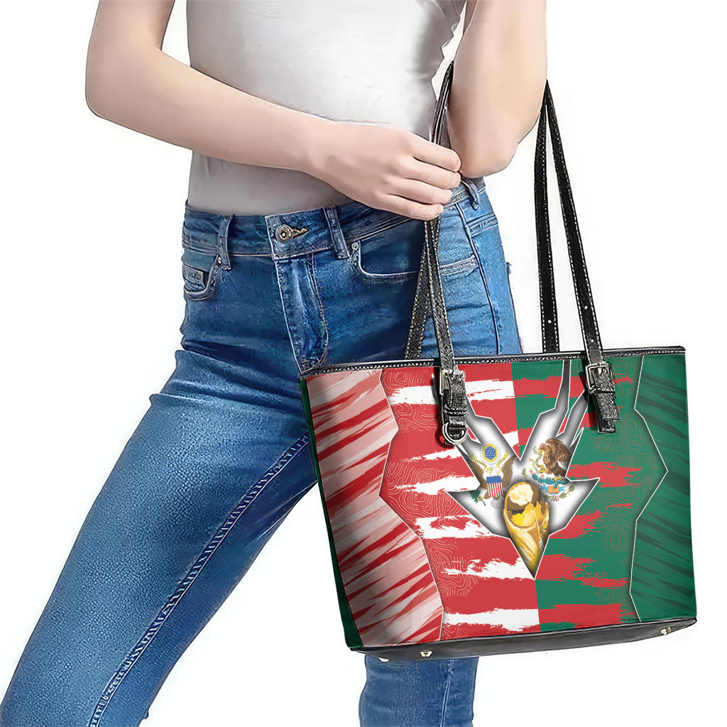 USA And Mexico Football Leather Tote Bag Split Flag Golden Trophy Grunge