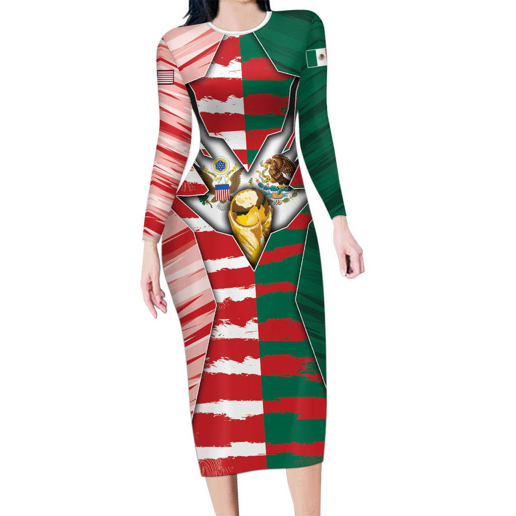Custom USA And Mexico Football Long Sleeve Bodycon Dress Split Flag Golden Trophy Grunge