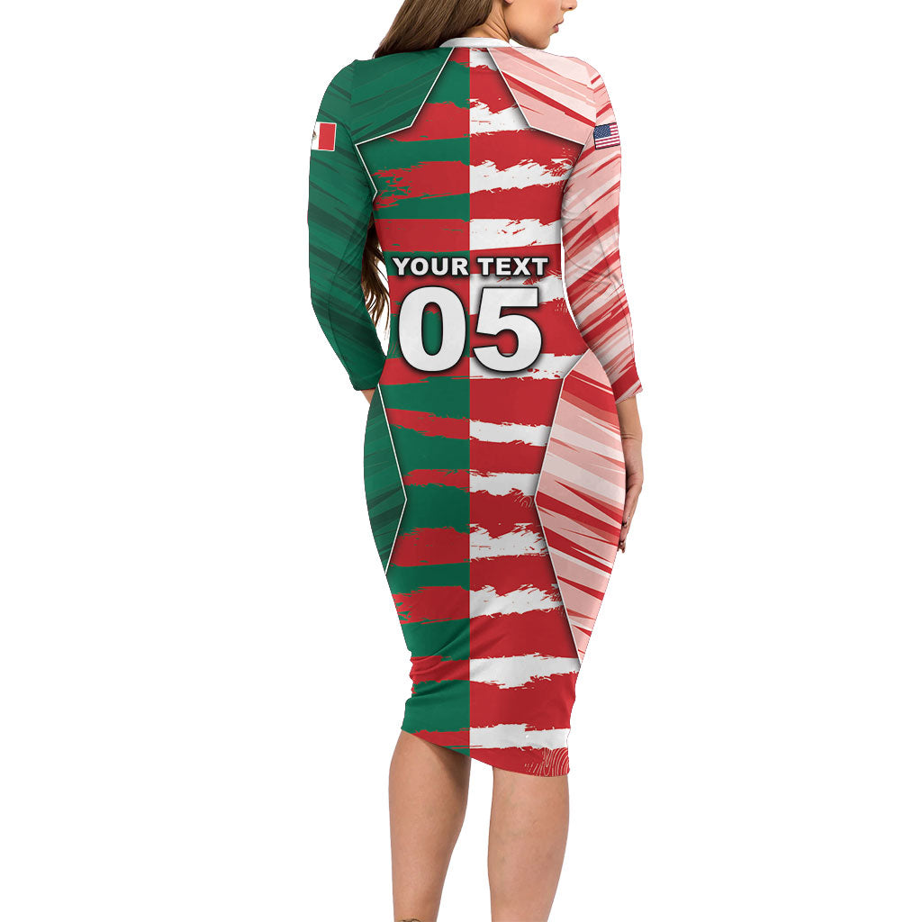 Custom USA And Mexico Football Long Sleeve Bodycon Dress Split Flag Golden Trophy Grunge