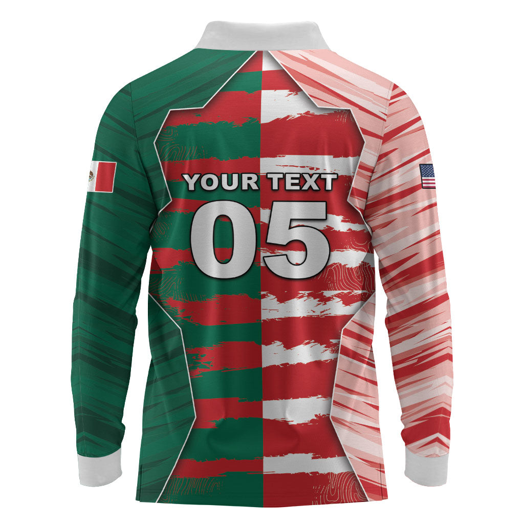 Custom USA And Mexico Football Long Sleeve Polo Shirt Split Flag Golden Trophy Grunge