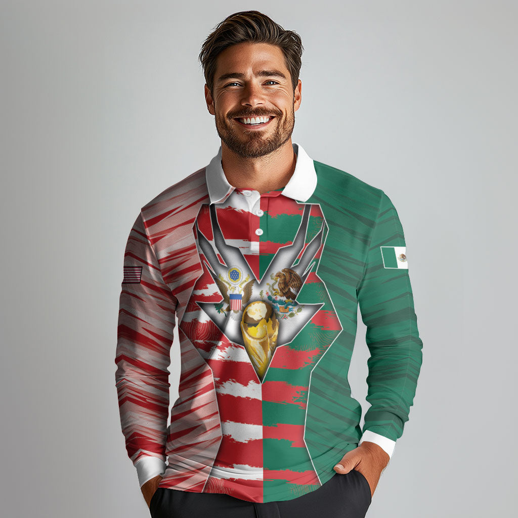 Custom USA And Mexico Football Long Sleeve Polo Shirt Split Flag Golden Trophy Grunge