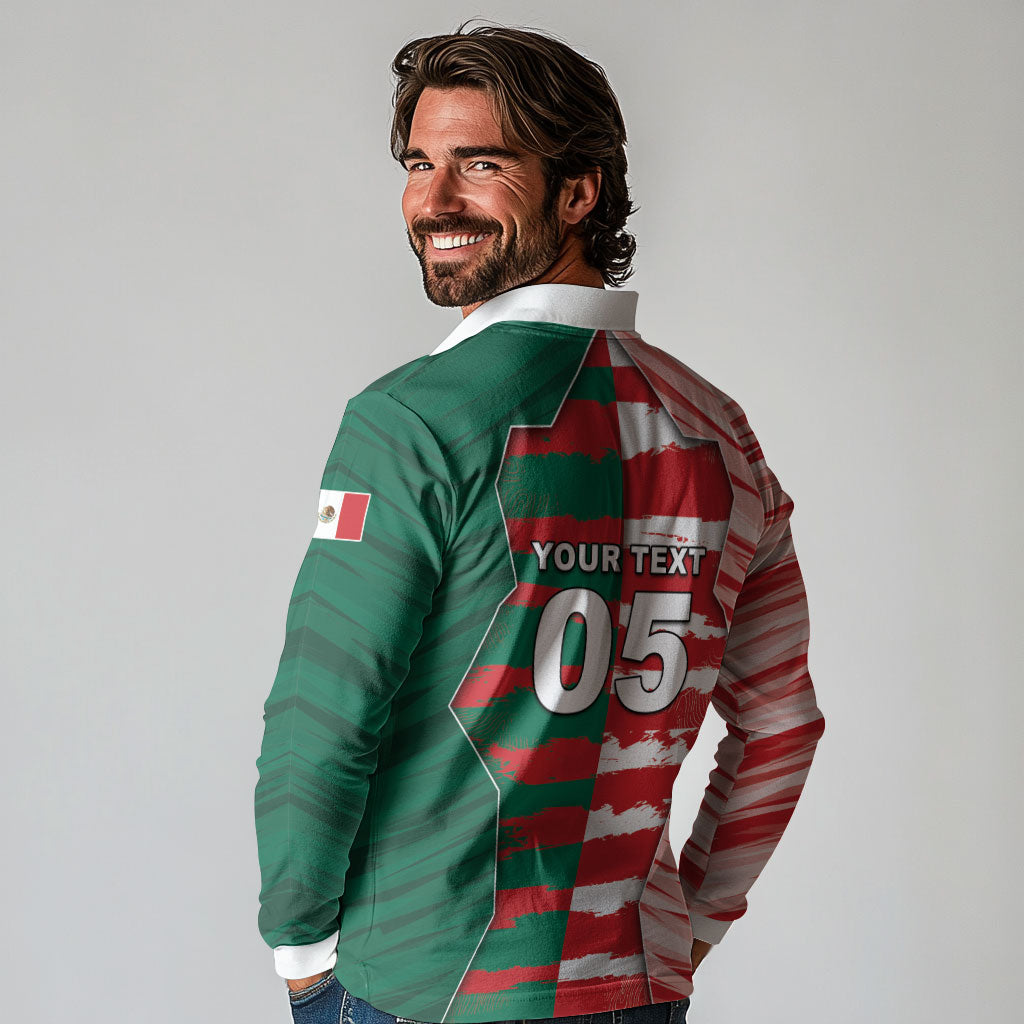Custom USA And Mexico Football Long Sleeve Polo Shirt Split Flag Golden Trophy Grunge