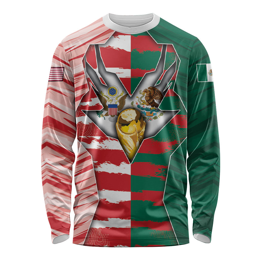 Custom USA And Mexico Football Long Sleeve Shirt Split Flag Golden Trophy Grunge