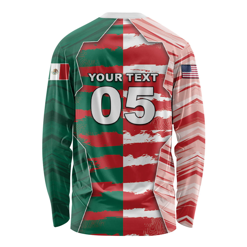 Custom USA And Mexico Football Long Sleeve Shirt Split Flag Golden Trophy Grunge