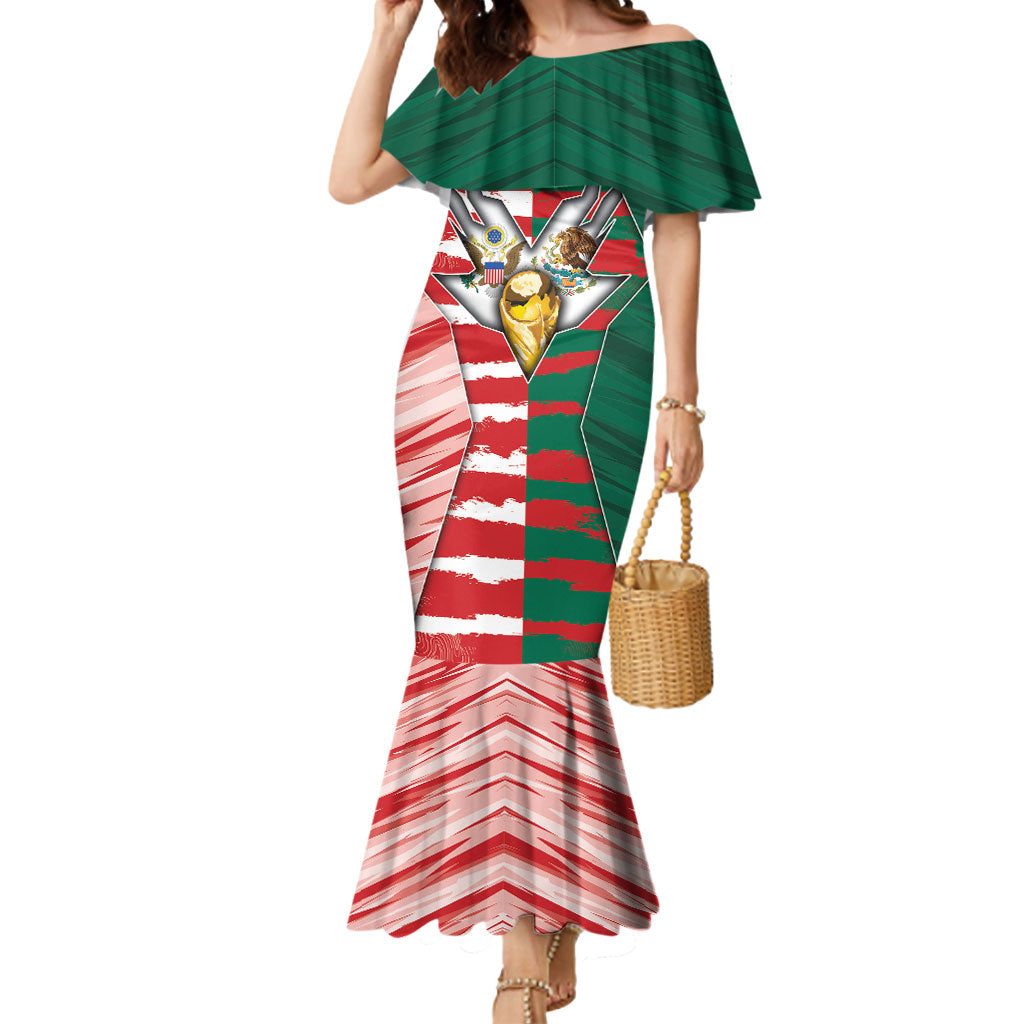 Custom USA And Mexico Football Mermaid Dress Split Flag Golden Trophy Grunge