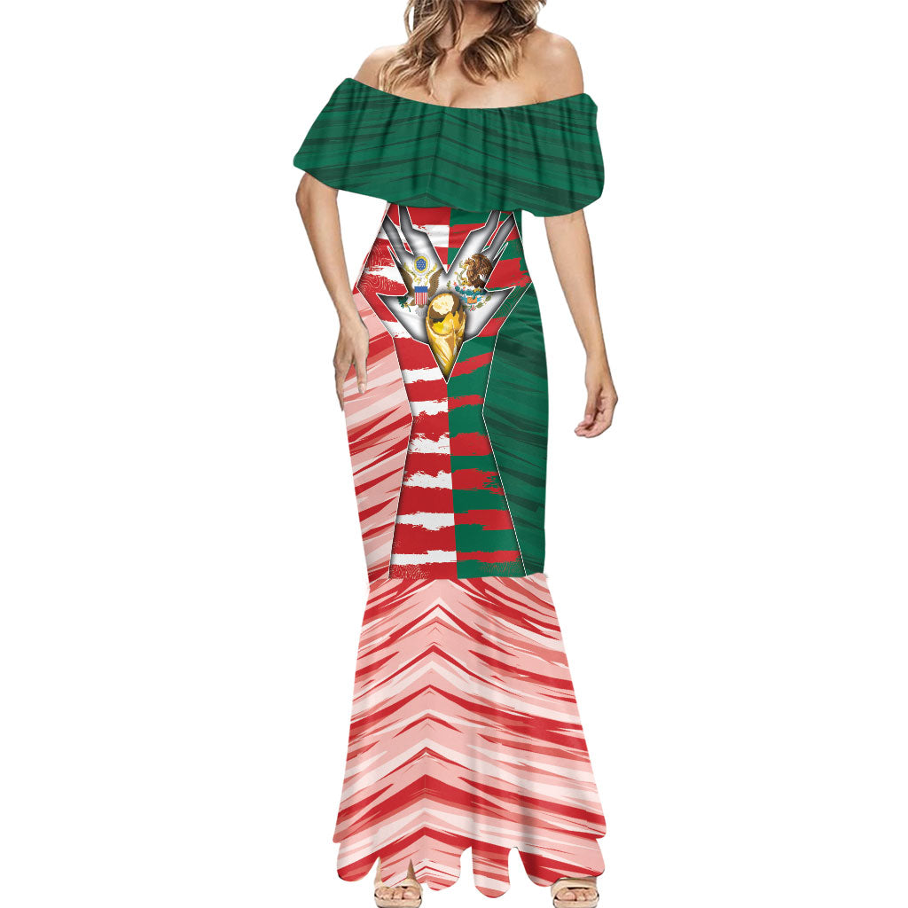 Custom USA And Mexico Football Mermaid Dress Split Flag Golden Trophy Grunge