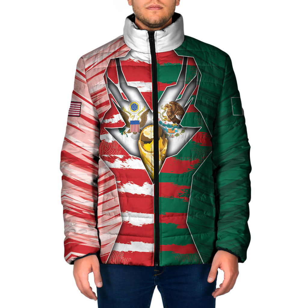 Custom USA And Mexico Football Padded Jacket Split Flag Golden Trophy Grunge