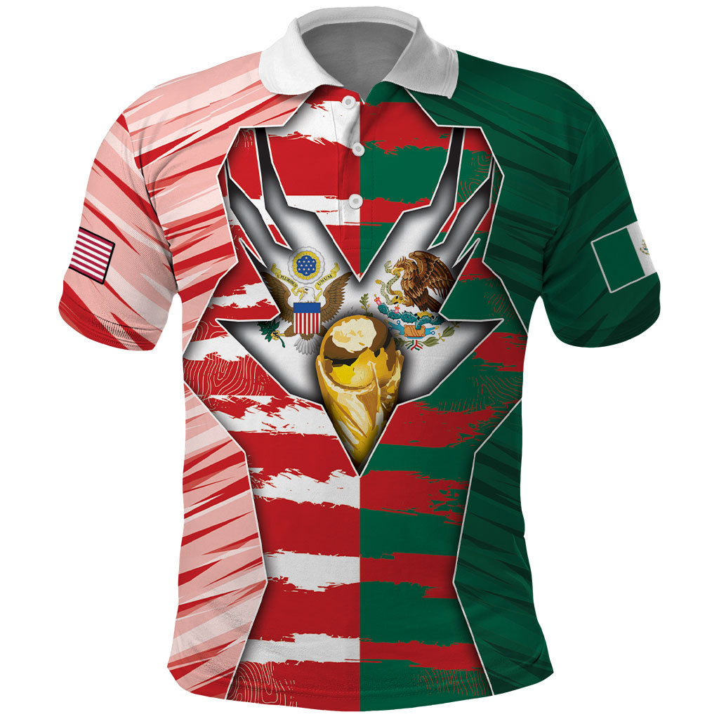 Custom USA And Mexico Football Polo Shirt Split Flag Golden Trophy Grunge