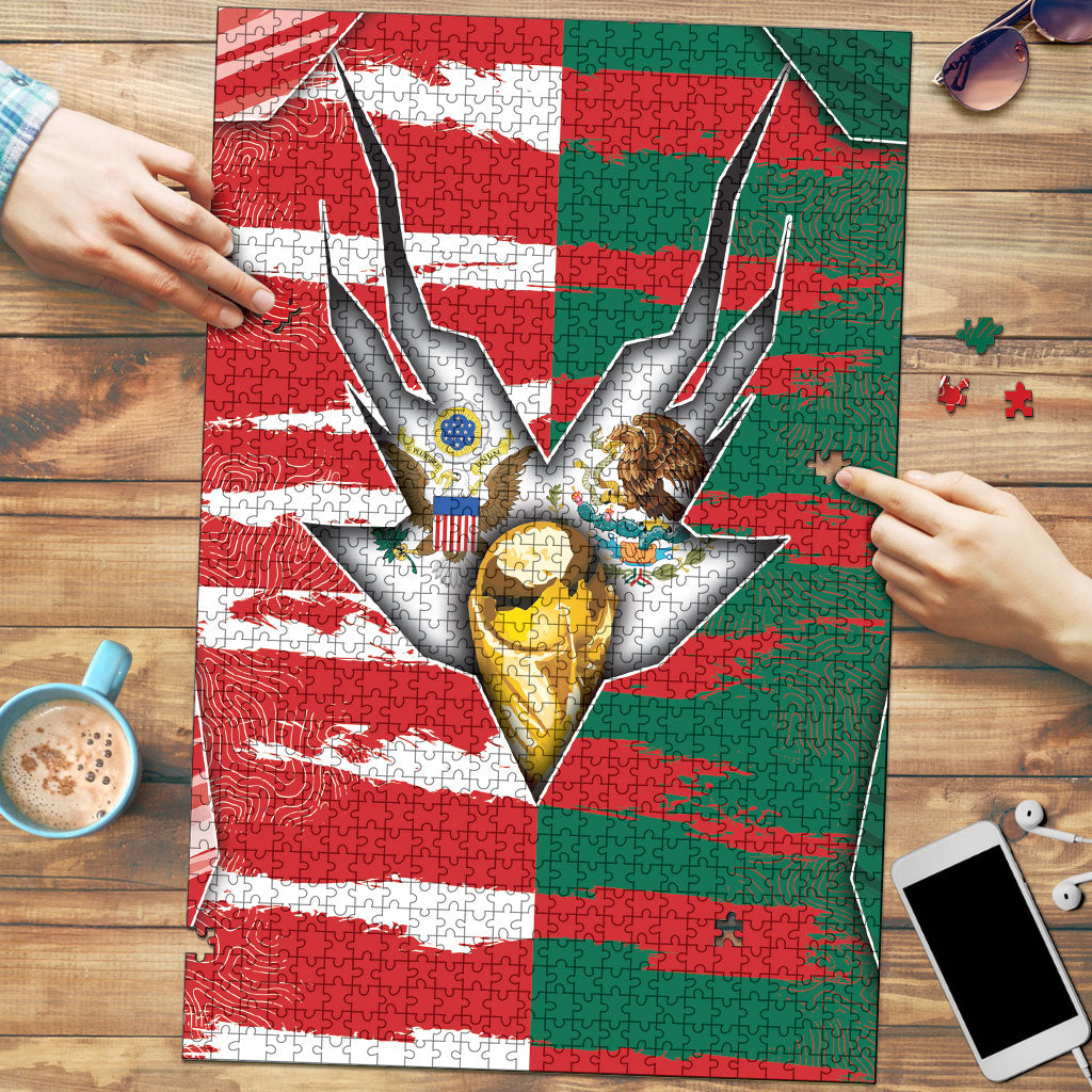 USA And Mexico Football Puzzle Split Flag Golden Trophy Grunge