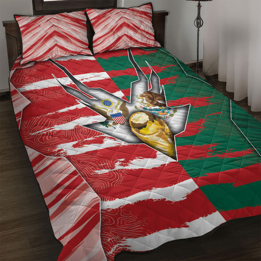 USA And Mexico Football Quilt Bed Set Split Flag Golden Trophy Grunge