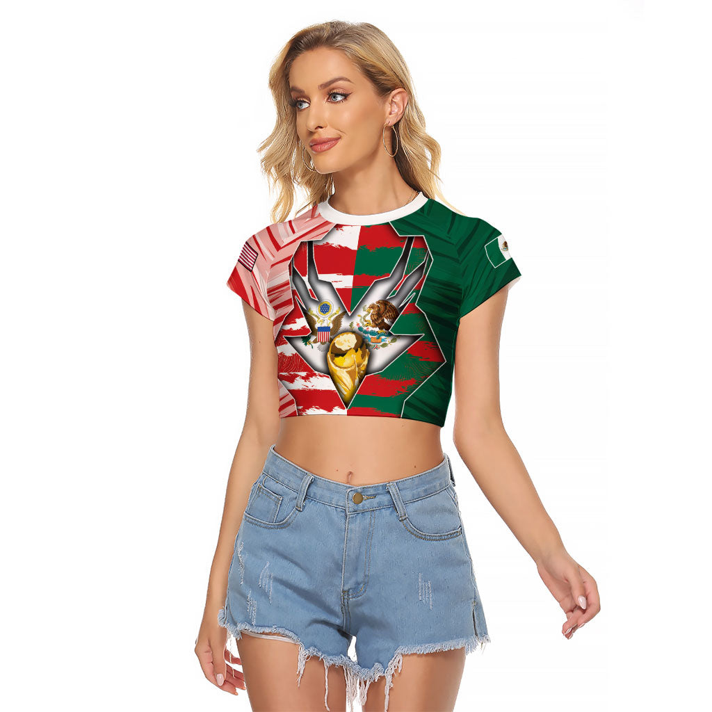 Custom USA And Mexico Football Raglan Cropped T Shirt Split Flag Golden Trophy Grunge