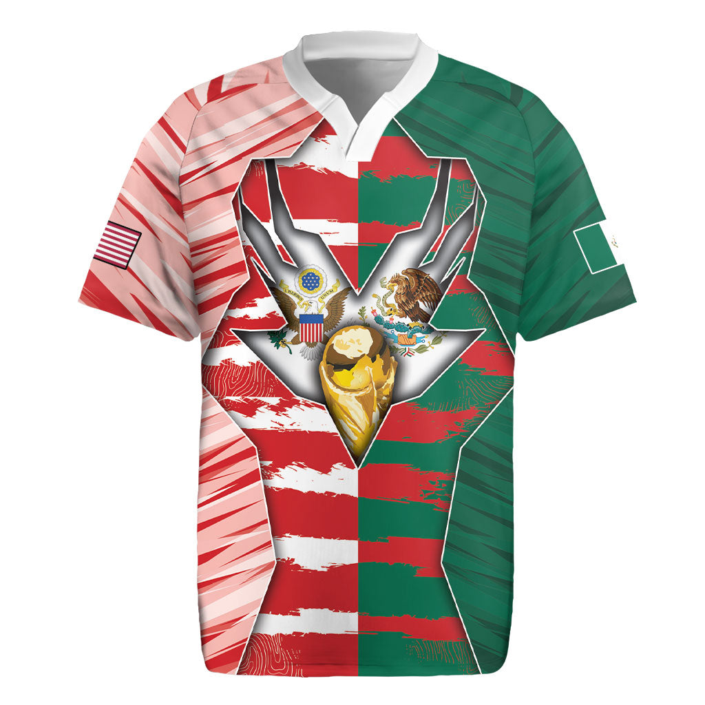 Custom USA And Mexico Football Rugby Jersey Split Flag Golden Trophy Grunge