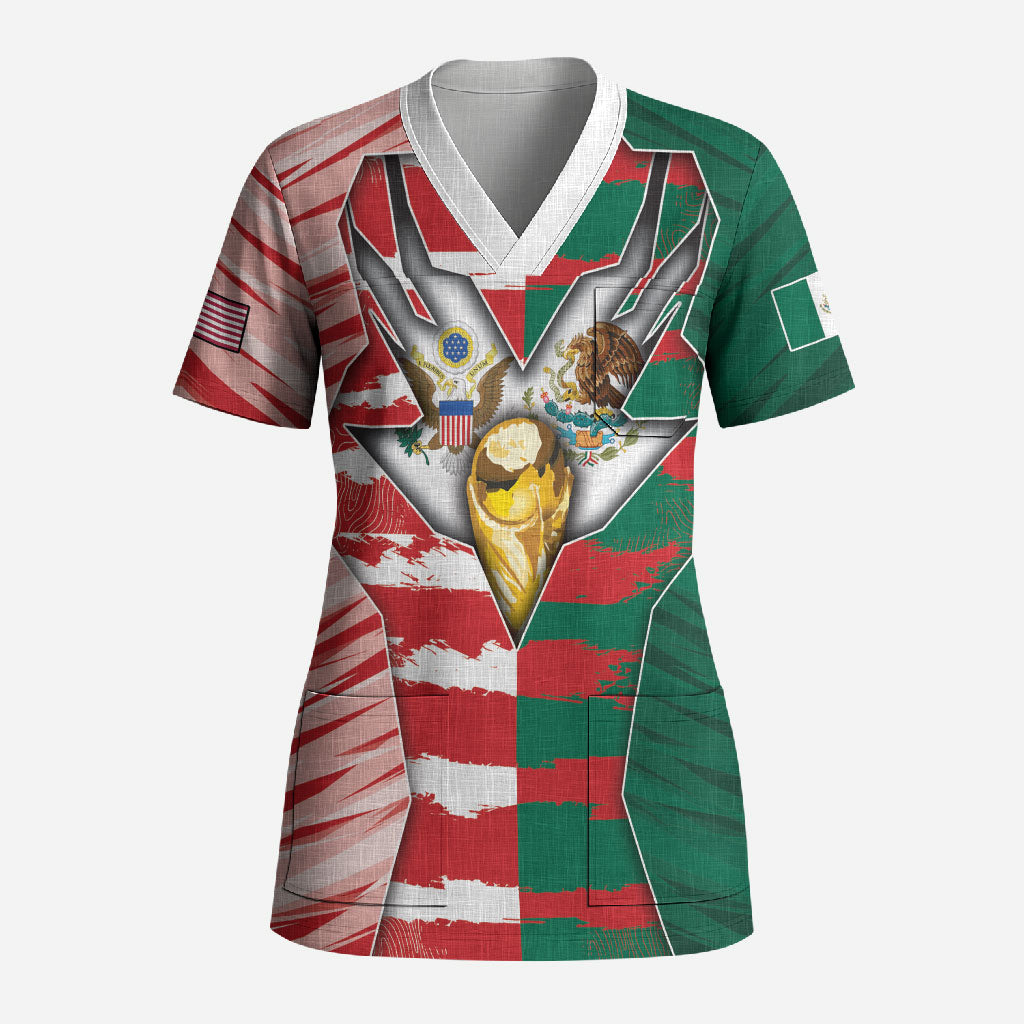 Custom USA And Mexico Football Scrub Top Split Flag Golden Trophy Grunge