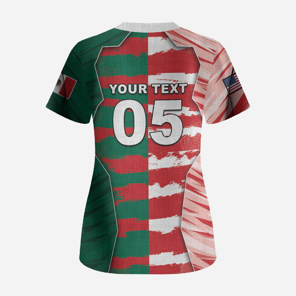 Custom USA And Mexico Football Scrub Top Split Flag Golden Trophy Grunge