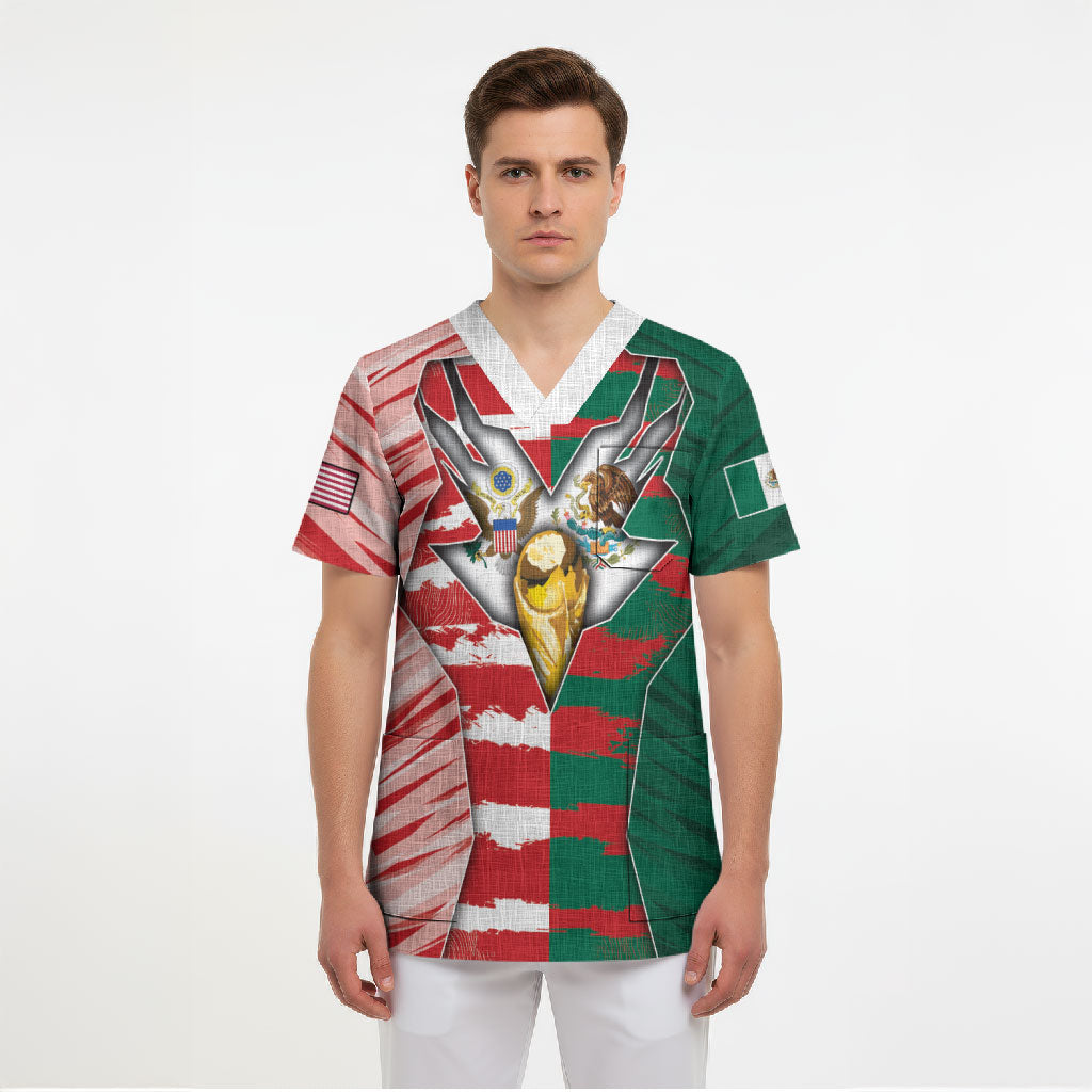 Custom USA And Mexico Football Scrub Top Split Flag Golden Trophy Grunge