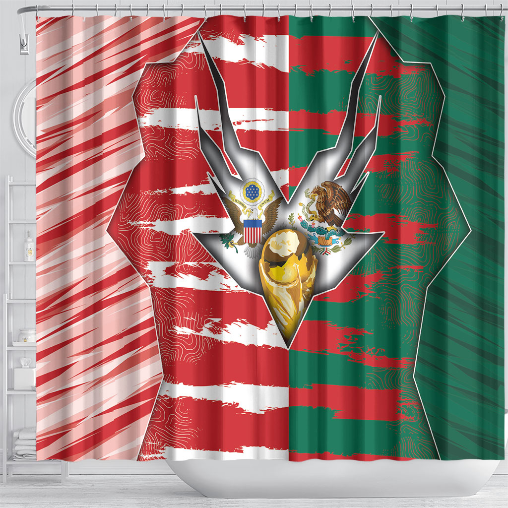 USA And Mexico Football Shower Curtain Split Flag Golden Trophy Grunge