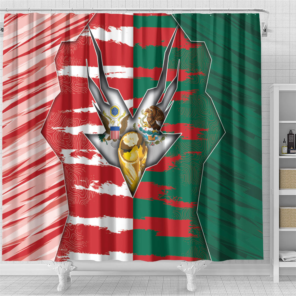 USA And Mexico Football Shower Curtain Split Flag Golden Trophy Grunge