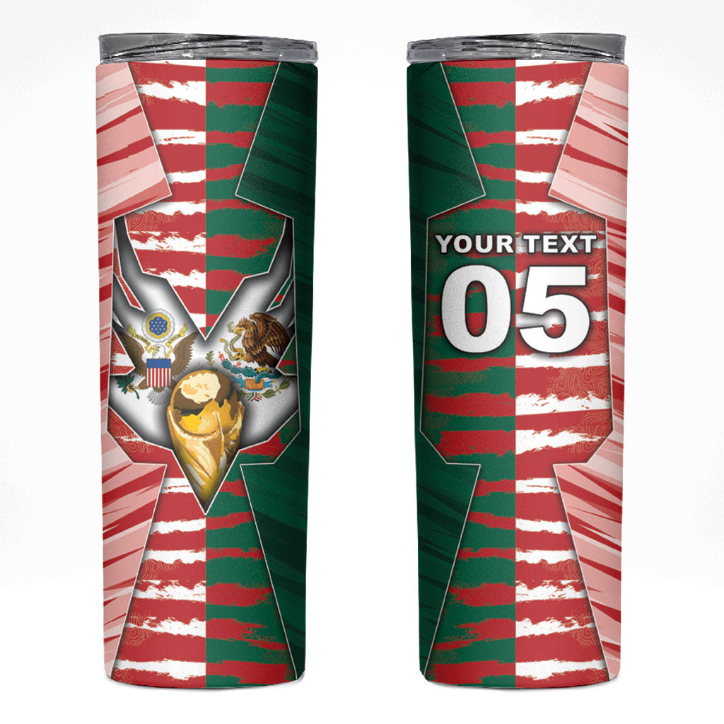 Custom USA And Mexico Football Skinny Tumbler Split Flag Golden Trophy Grunge