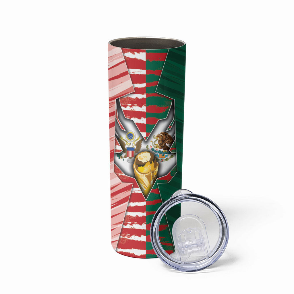 Custom USA And Mexico Football Skinny Tumbler Split Flag Golden Trophy Grunge