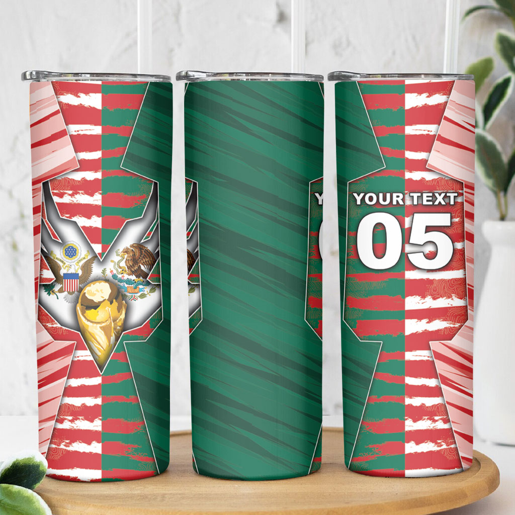 Custom USA And Mexico Football Skinny Tumbler Split Flag Golden Trophy Grunge