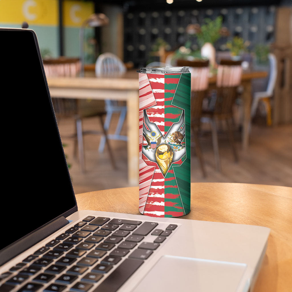 Custom USA And Mexico Football Skinny Tumbler Split Flag Golden Trophy Grunge