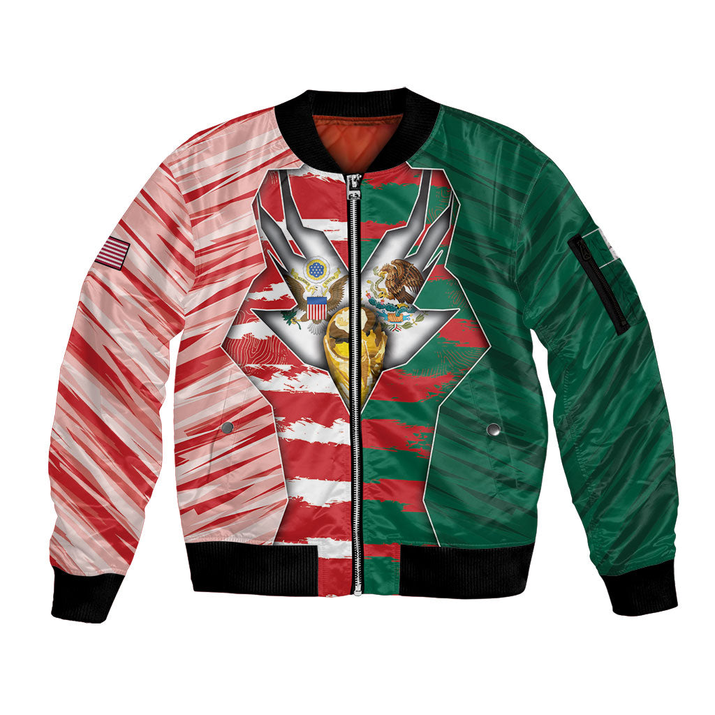 Custom USA And Mexico Football Sleeve Zip Bomber Jacket Split Flag Golden Trophy Grunge