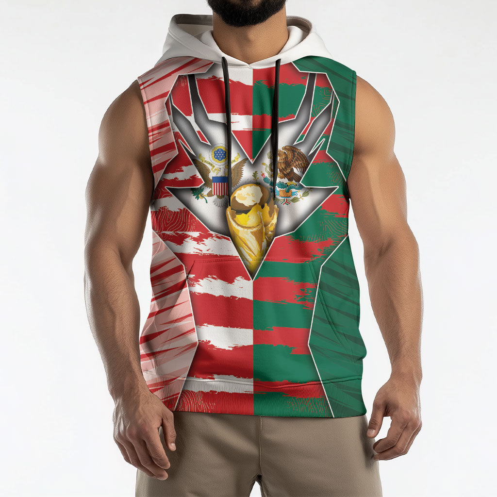 Custom USA And Mexico Football Sleeveless Hoodie Split Flag Golden Trophy Grunge