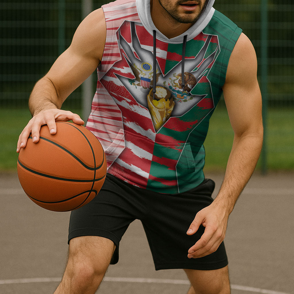 Custom USA And Mexico Football Sleeveless Hoodie Split Flag Golden Trophy Grunge