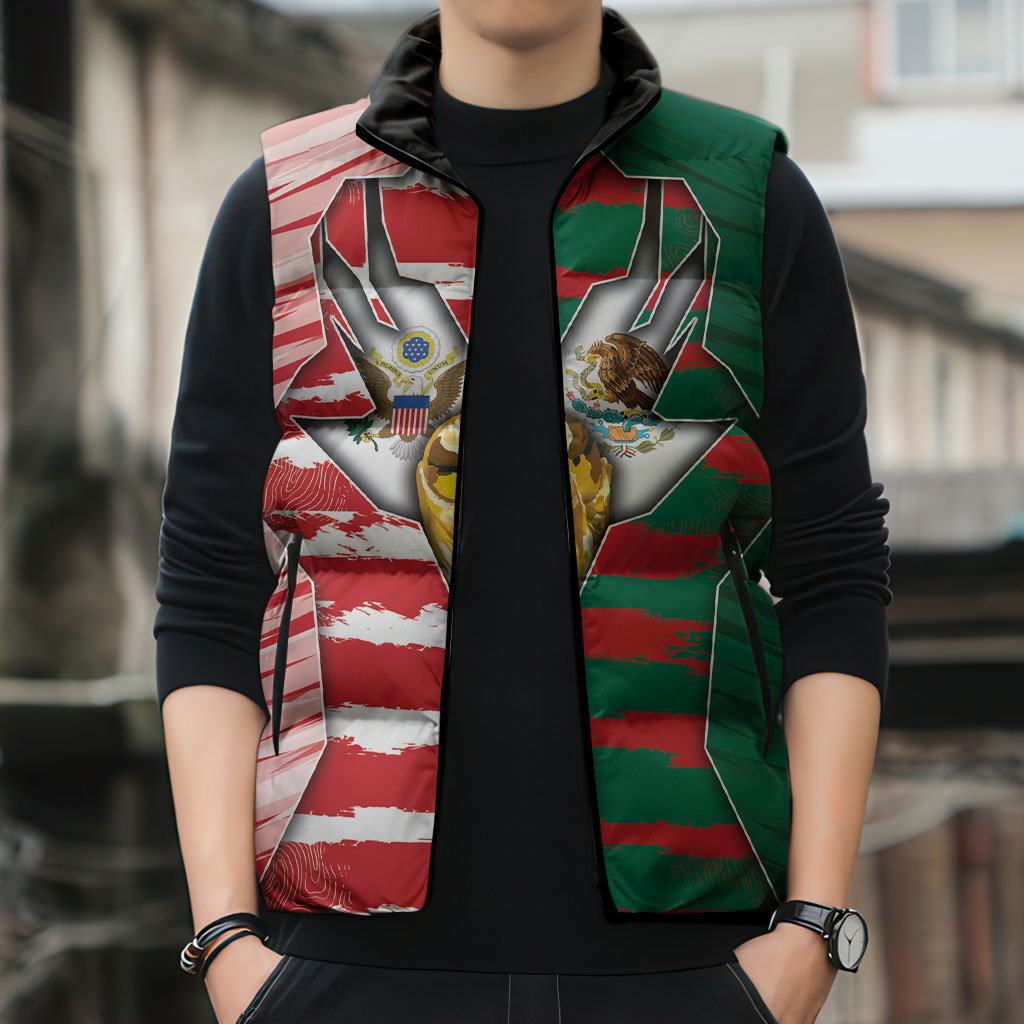 Custom USA And Mexico Football Sleeveless Puffer Jacket Split Flag Golden Trophy Grunge