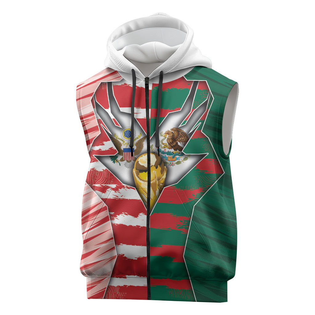 Custom USA And Mexico Football Sleeveless Zip Hoodie Split Flag Golden Trophy Grunge