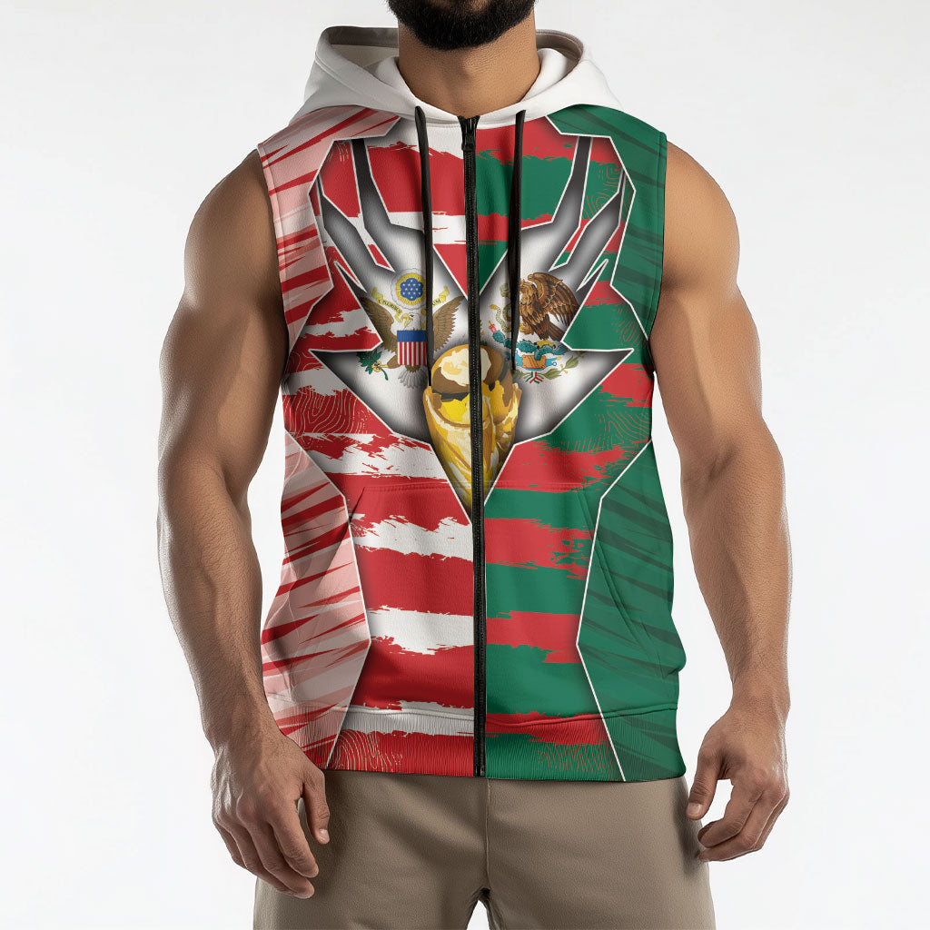 Custom USA And Mexico Football Sleeveless Zip Hoodie Split Flag Golden Trophy Grunge