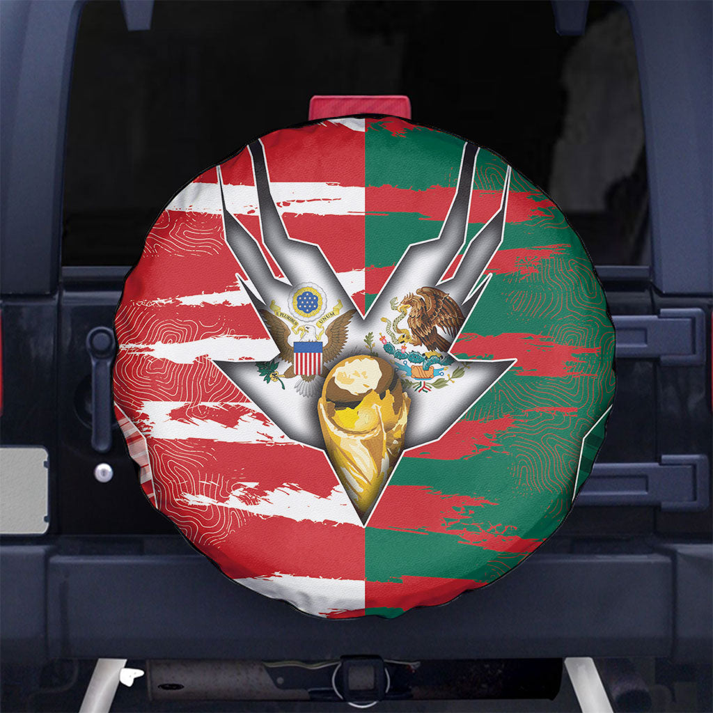 USA And Mexico Football Spare Tire Cover Split Flag Golden Trophy Grunge