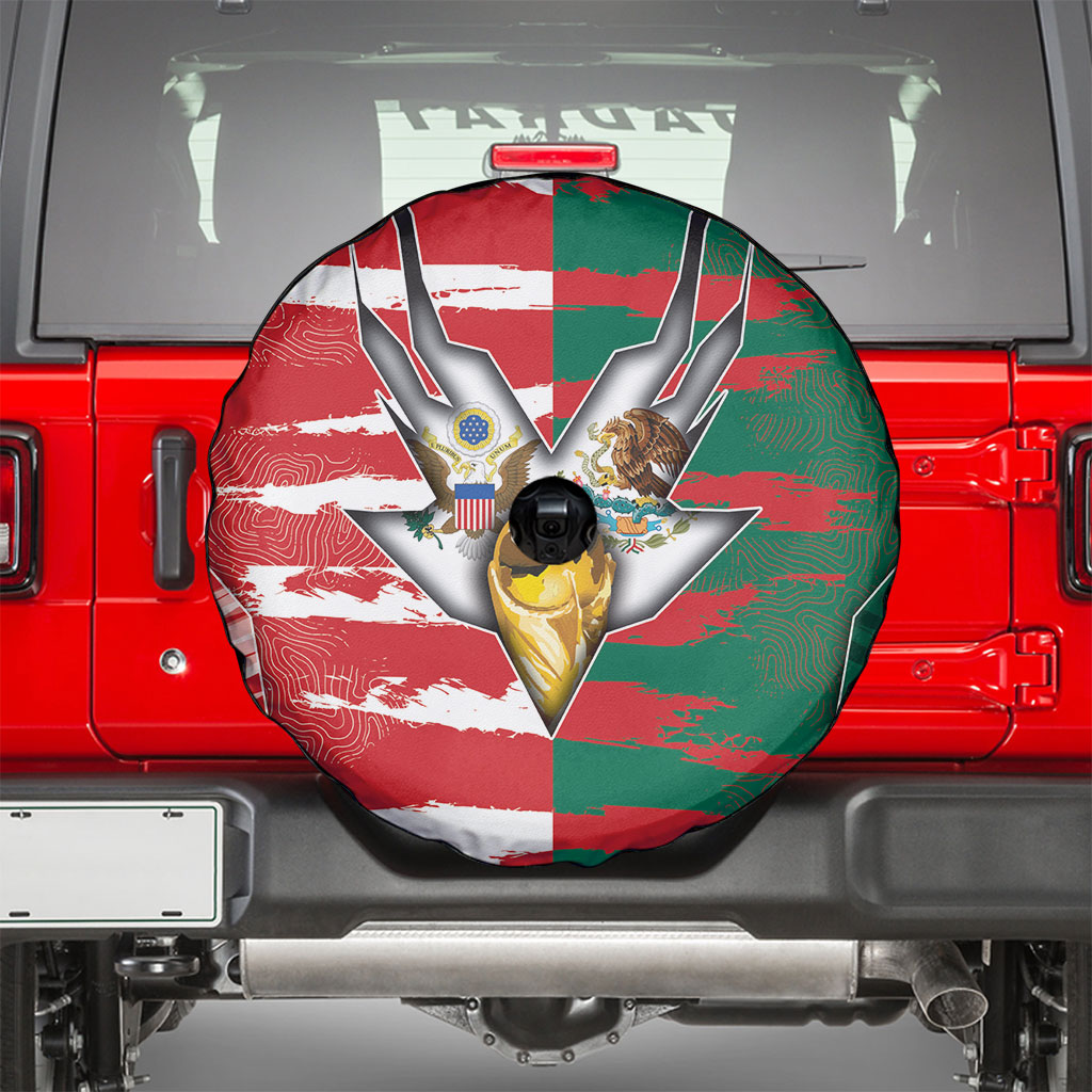 USA And Mexico Football Spare Tire Cover Split Flag Golden Trophy Grunge