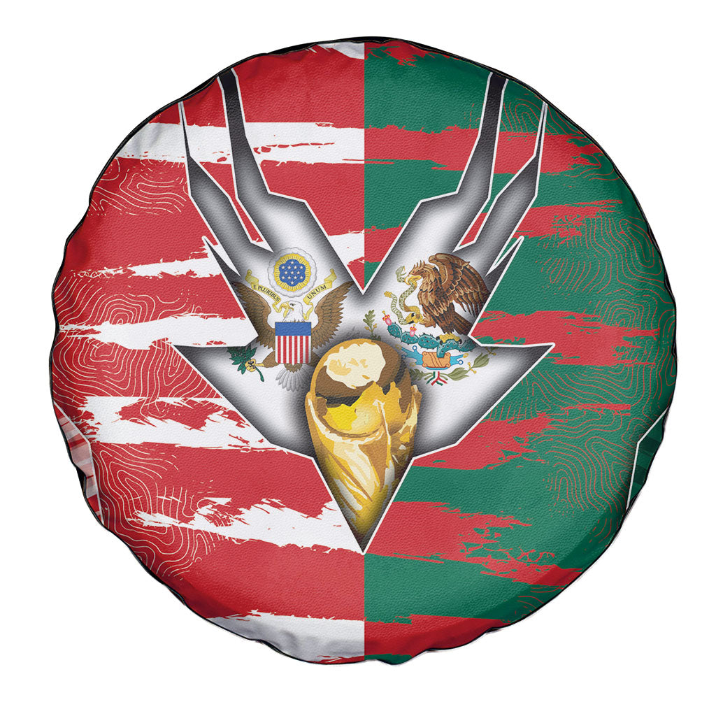 USA And Mexico Football Spare Tire Cover Split Flag Golden Trophy Grunge