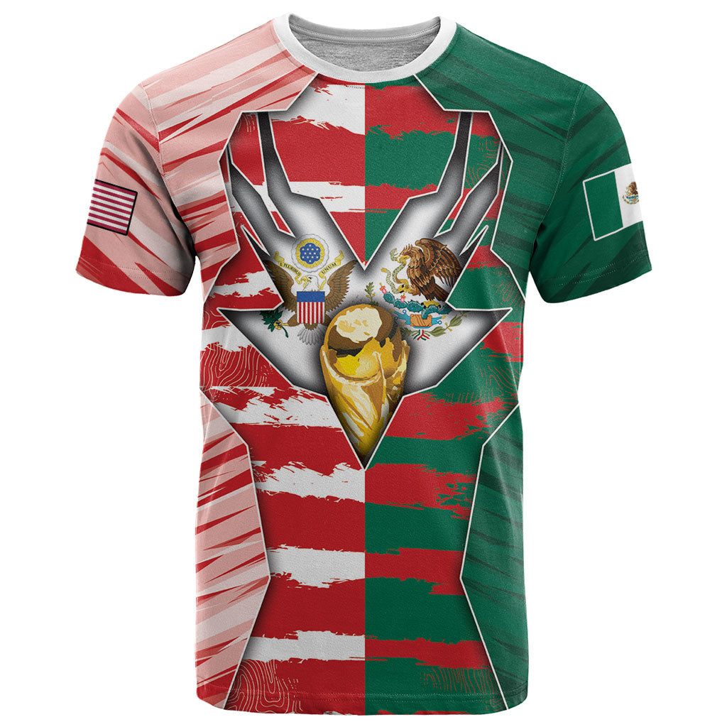 Custom USA And Mexico Football T Shirt Split Flag Golden Trophy Grunge