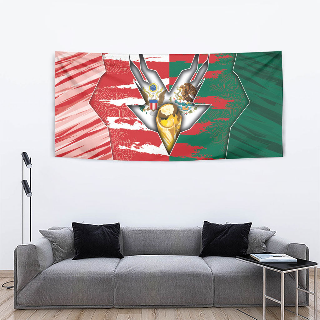 USA And Mexico Football Tapestry Split Flag Golden Trophy Grunge
