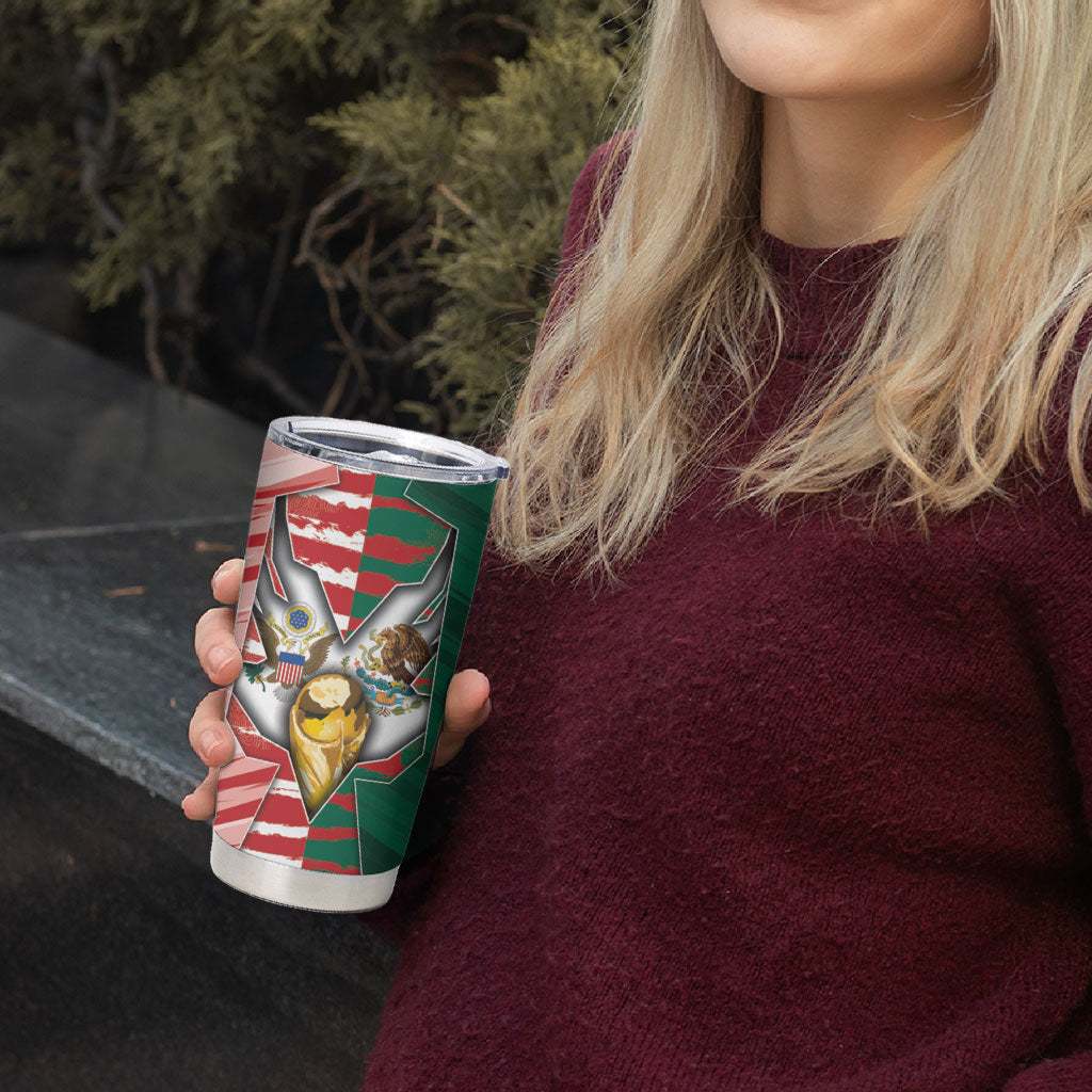 Custom USA And Mexico Football Tumbler Cup Split Flag Golden Trophy Grunge