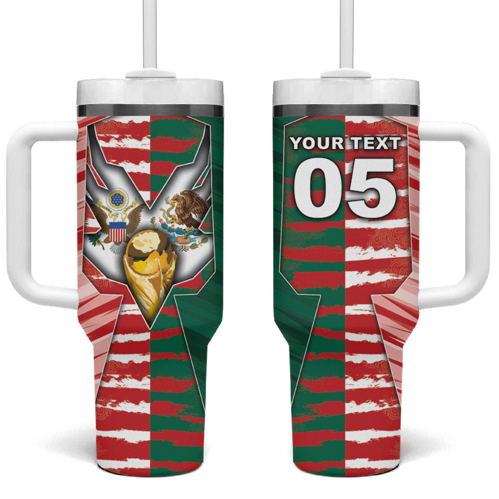 Custom USA And Mexico Football Tumbler With Handle Split Flag Golden Trophy Grunge