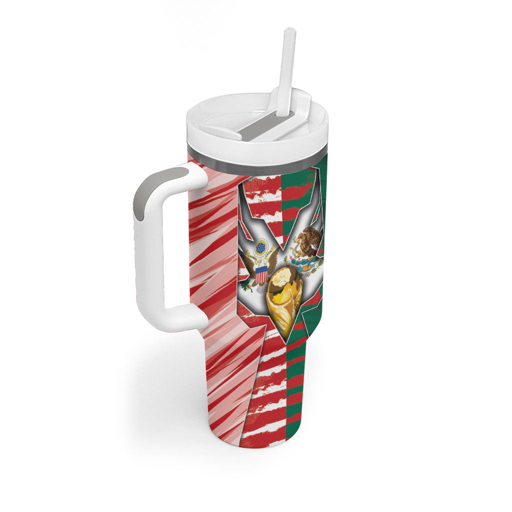 Custom USA And Mexico Football Tumbler With Handle Split Flag Golden Trophy Grunge