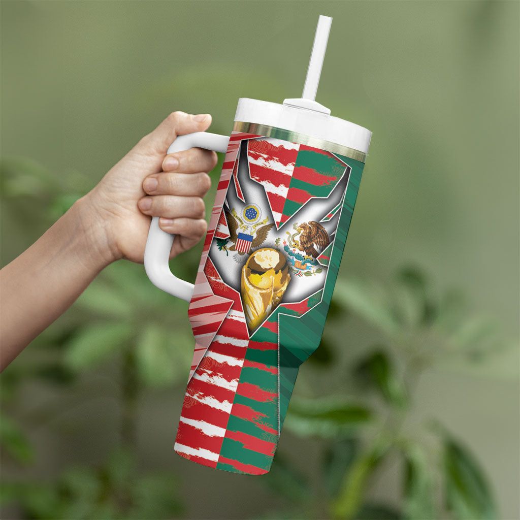 Custom USA And Mexico Football Tumbler With Handle Split Flag Golden Trophy Grunge