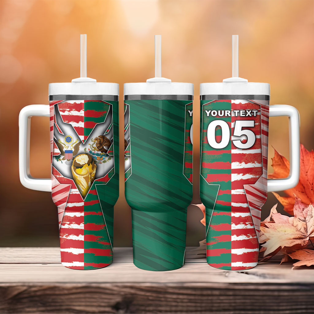 Custom USA And Mexico Football Tumbler With Handle Split Flag Golden Trophy Grunge