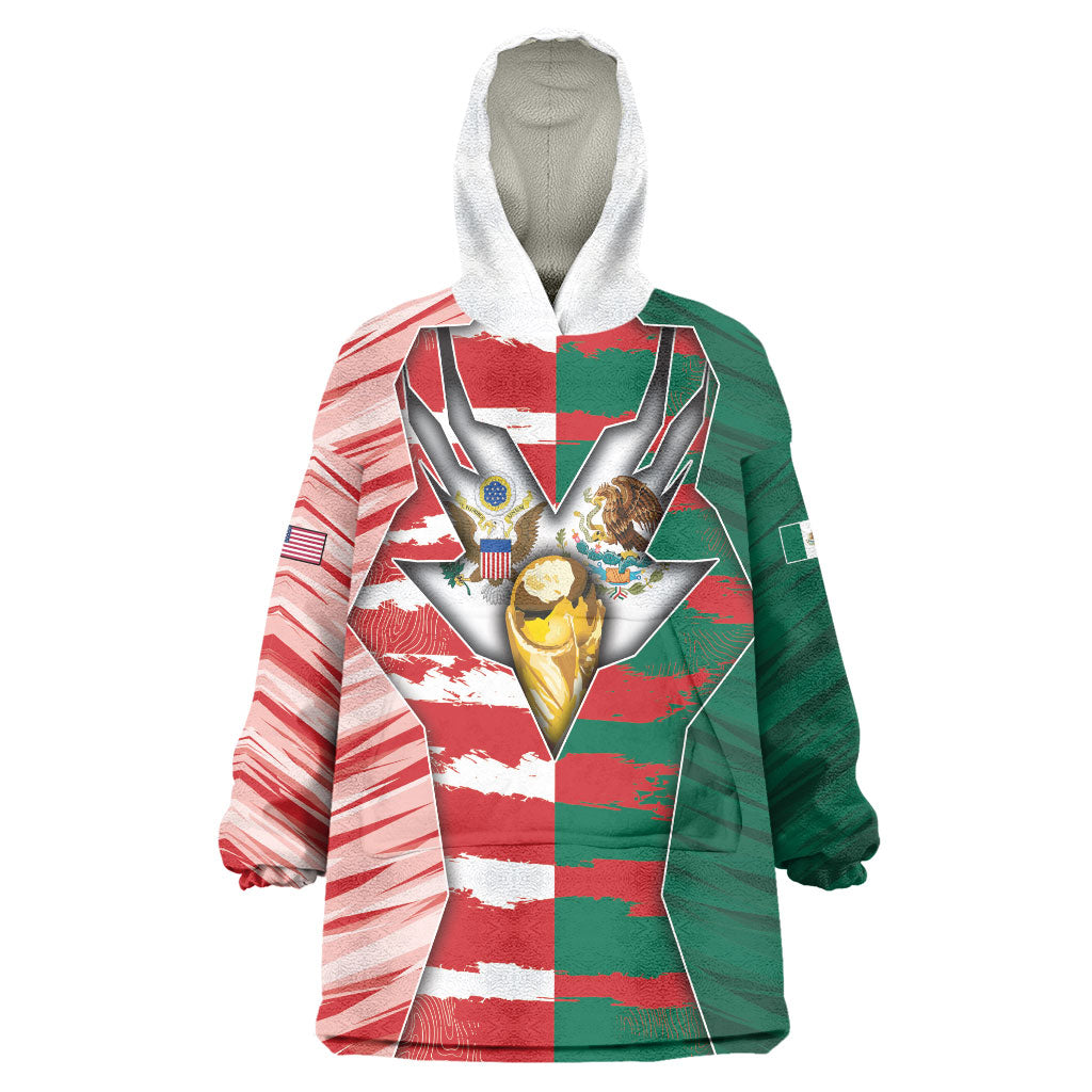 Custom USA And Mexico Football Wearable Blanket Hoodie Split Flag Golden Trophy Grunge